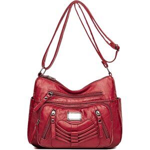Women's Red Soft Pu Leather Multi-pocket Shoulder Bag Medium Cross-body Purse